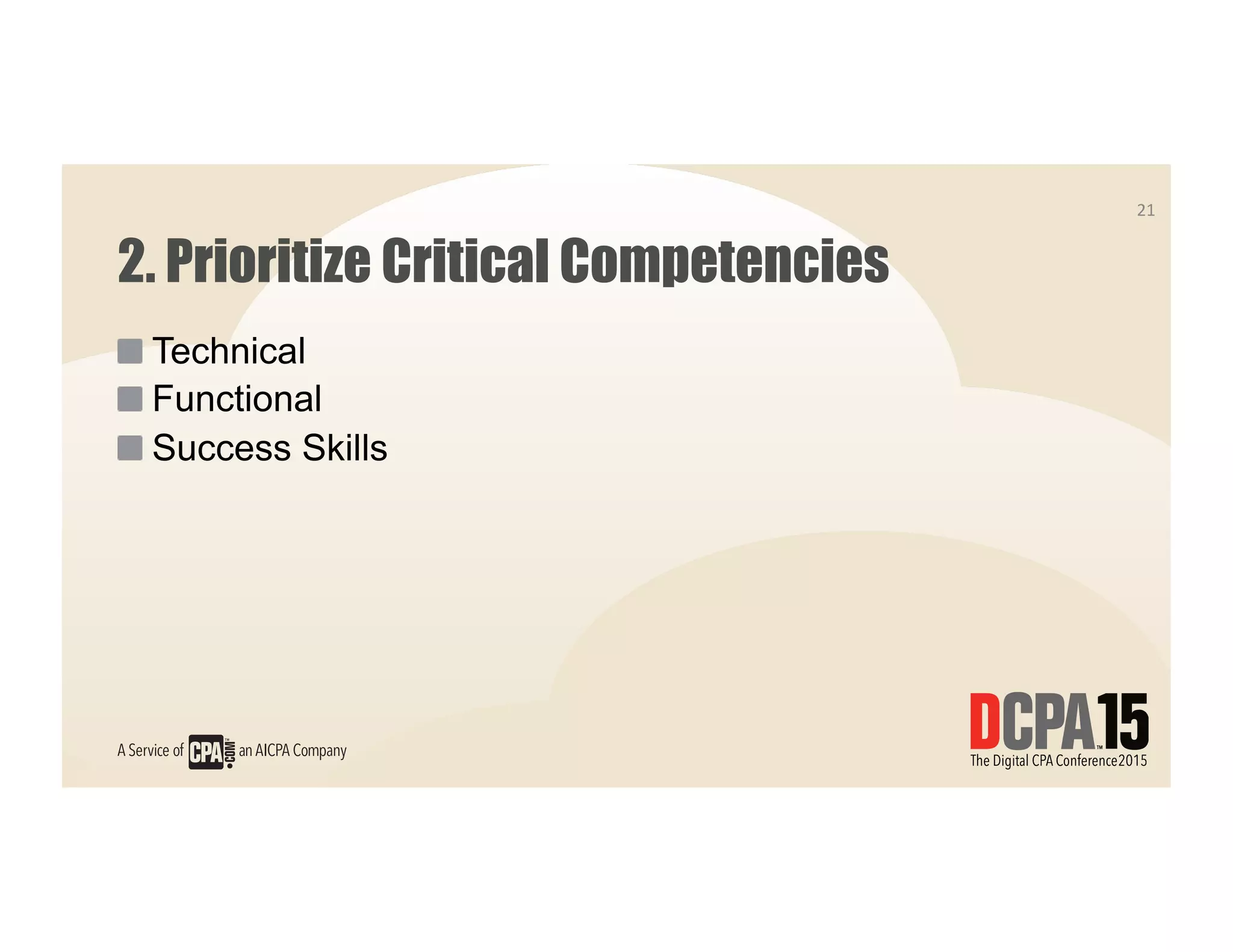 2. Prioritize Critical Competencies
 Technical
 Functional
 Success Skills
21	
  
 