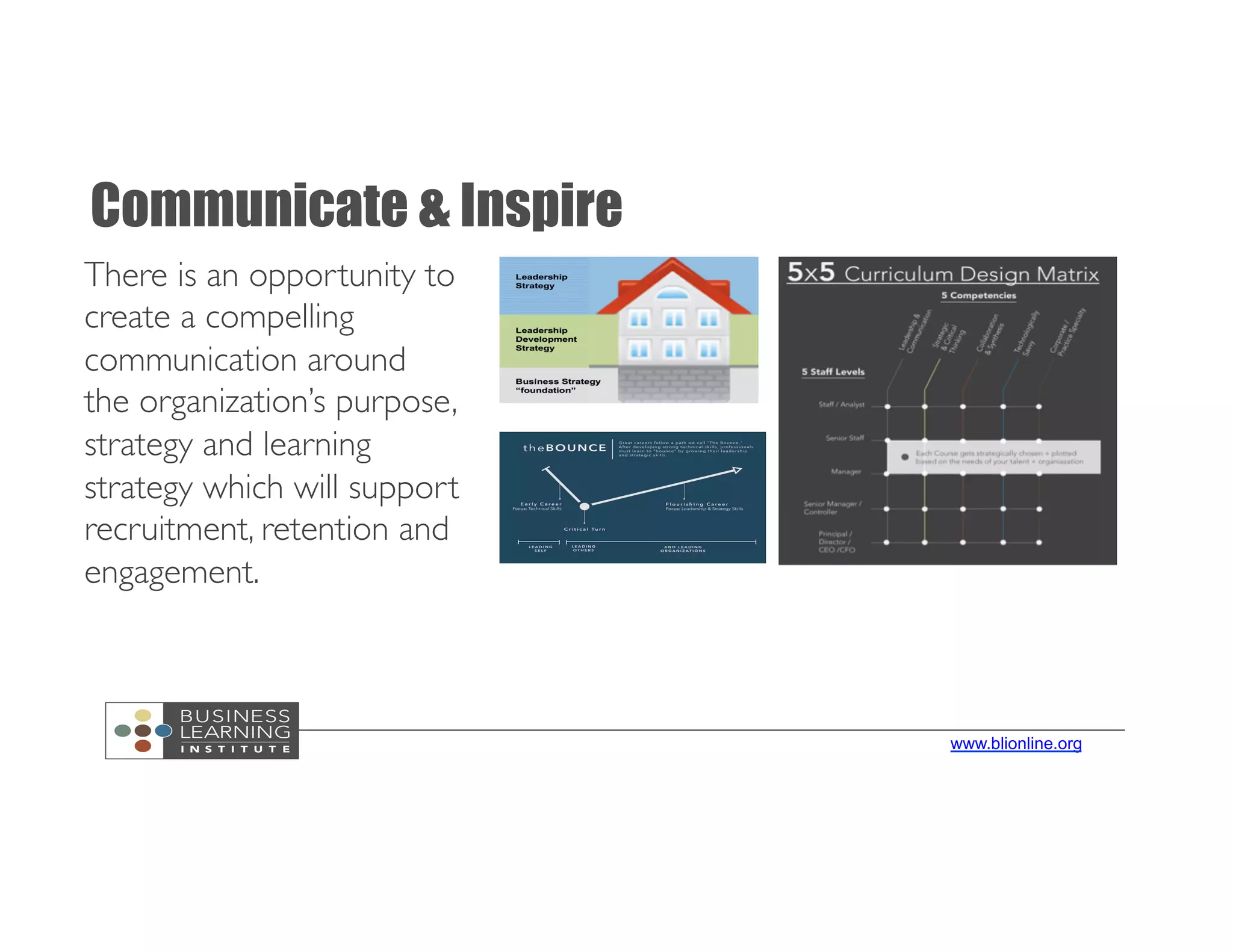 www.blionline.org
Communicate & Inspire
There is an opportunity to
create a compelling
communication around
the organization’s purpose,
strategy and learning
strategy which will support
recruitment, retention and
engagement.
 