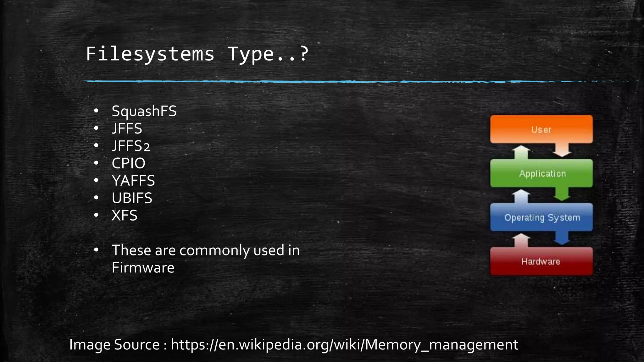 Filesystems Type..?
Image Source : https://en.wikipedia.org/wiki/Memory_management
• SquashFS
• JFFS
• JFFS2
• CPIO
• YAFFS
• UBIFS
• XFS
• These are commonly used in
Firmware
 