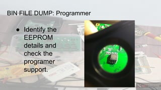 BIN FILE DUMP: Programmer
● Identify the
EEPROM
details and
check the
programer
support.
 