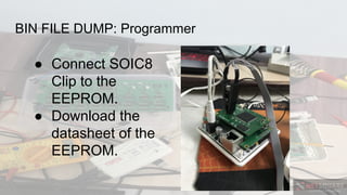 BIN FILE DUMP: Programmer
● Connect SOIC8
Clip to the
EEPROM.
● Download the
datasheet of the
EEPROM.
 