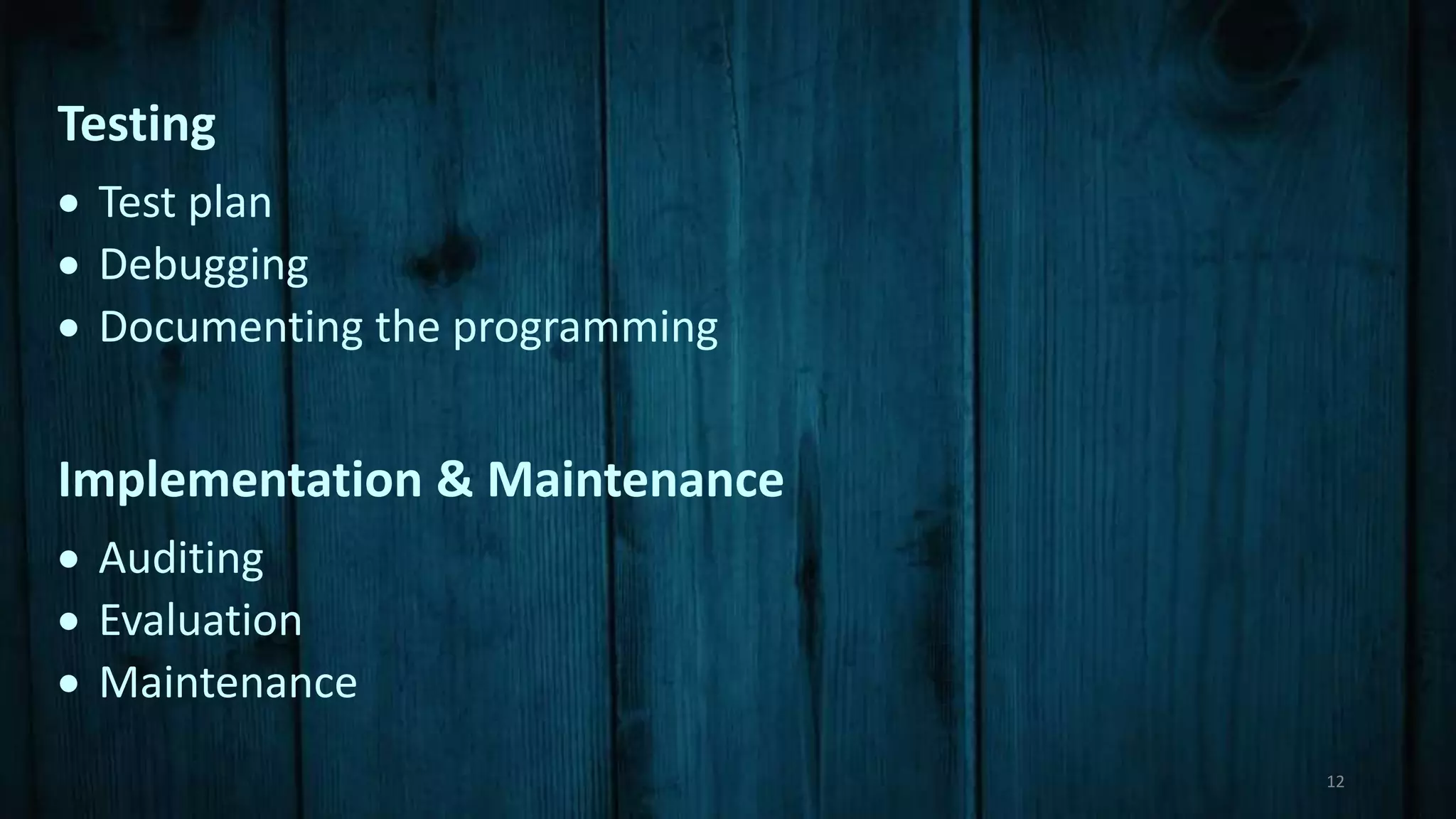 Testing
 Test plan
 Debugging
 Documenting the programming
Implementation & Maintenance
 Auditing
 Evaluation
 Maintenance
12
 