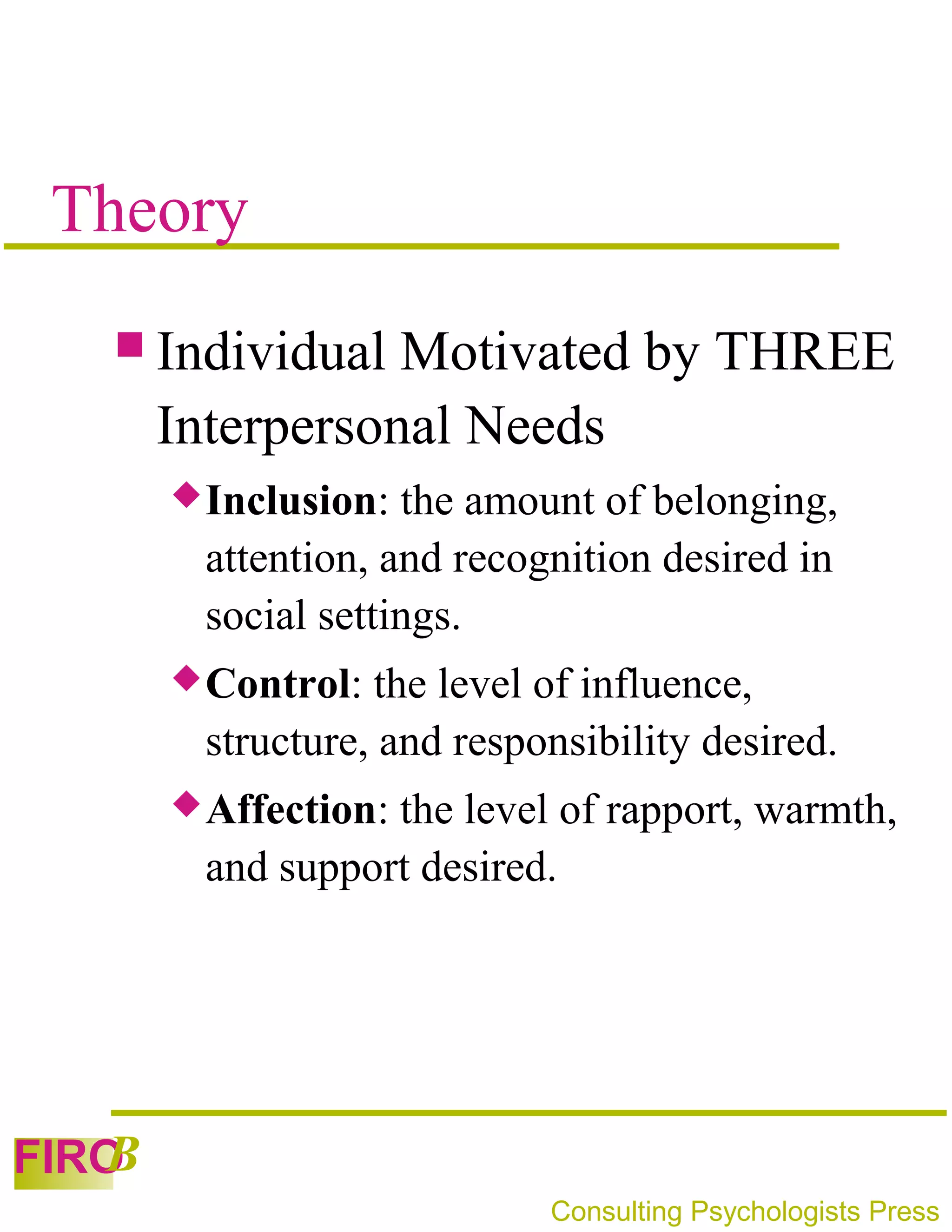 Theory
    Individual   Motivated by THREE
       Interpersonal Needs
        Inclusion: the amount of belonging,
        attention, and recognition desired in
        social settings.
        Control: the level of influence,
        structure, and responsibility desired.
        Affection:
                  the level of rapport, warmth,
        and support desired.




   B
FIRO
                            Consulting Psychologists Press
 