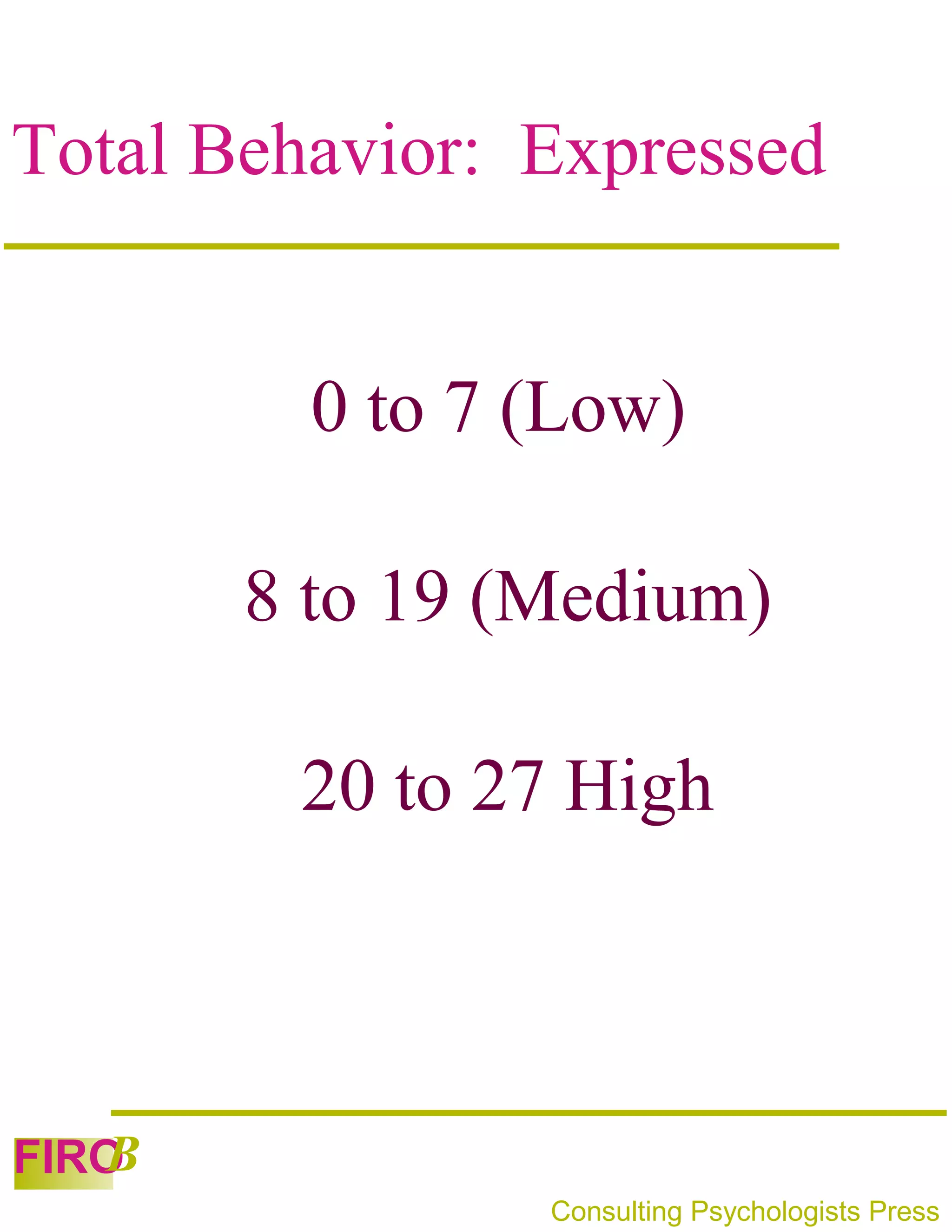 Total Behavior: Expressed


         0 to 7 (Low)

       8 to 19 (Medium)

        20 to 27 High



   B
FIRO
                Consulting Psychologists Press
 