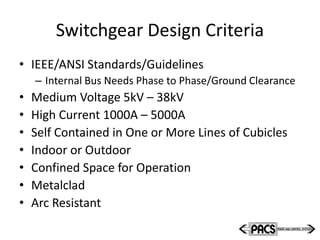Switchgear Design Criteria
• IEEE/ANSI Standards/Guidelines
– Internal Bus Needs Phase to Phase/Ground Clearance
• Medium Voltage 5kV – 38kV
• High Current 1000A – 5000A
• Self Contained in One or More Lines of Cubicles
• Indoor or Outdoor
• Confined Space for Operation
• Metalclad
• Arc Resistant
 