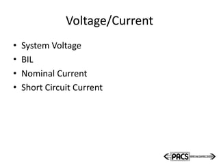 Voltage/Current
• System Voltage
• BIL
• Nominal Current
• Short Circuit Current
 