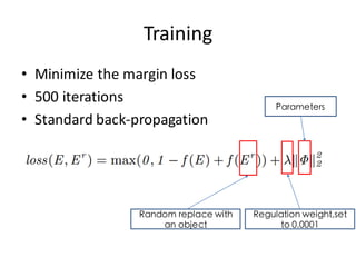 Training
• Minimize the margin loss
• 500 iterations
• Standard back-­‐propagation
Random replace with
an object
Regulation weight,set
to 0.0001
Parameters
 
