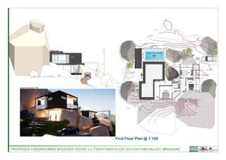 GSPublisherVersion 0.20.100.100
PROPOSED 4 BEDROOMED BOULDER HOUSE c/o TSHAYUMOYA LOT 931/188 PINEVALLEY, MBABANE DESIGN
1
2
3
4
5
6
7
8
9
10
11
12
13
14
15
1
2
3
4
5
6
7
8
9
10
11
12
13
14
15
Shower
1
2
3
4
5
6
7
8
9
10
11
12
13
14
15
Shower
2,900
0,500
9,000
0,230
3,570
5,830
5,000
0,230
3,400 2,000
0,230
5,000
0,2301,0000,230
1,885
0,230
0,230 3,000 0,400 5,000 0,230 1,000
0,230
1,000 0,400
0,230
5,000
0,230
3,000
0,2306,2301,5000,400
0,230
4,000
0,230 1,000
1180.50m
1179.50m
1179.50m
1175.50m
1174.50m
1181m
1175m
1181m
1182m
1183m
1184m
1186m
1188m
1174m
1190m
1190m
1191m
1193m
1194m
Master Bedroom
30m2
Bath 6m2
Light
Well
Roof
Stairs
Bedroom 2
20m2
Outdoor Nest
(tentative)
Panic Room
Kitchen
Yard
Parking
Driveway
Bath 4m2
WC
Bedroom 1
20m2
Balcony
Balcony
Balcony
Outdoor
Bathtub
Closet 10m2
8,200
6,140
0,400
1,400 6,060
0,400
Swimming Pool (Concept only)
0,400
3,800
0,400
3,800
0,500
0,975
First Floor Plan @ 1:100
Eastern Elevation @ 1:100
 