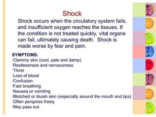 Shock
Shock occurs when the circulatory system fails,
and insufficient oxygen reaches the tissues. If
the condition is not treated quickly, vital organs
can fail, ultimately causing death. Shock is
made worse by fear and pain.
SYMPTOMS:
•Clammy skin (cool, pale and damp)
•Restlessness and nervousness
•Thirst
•Loss of blood
•Confusion
•Fast breathing
•Nausea or vomiting
•Blotched or bluish skin (especially around the mouth and lips)
•Often perspires freely
•May pass out.
 