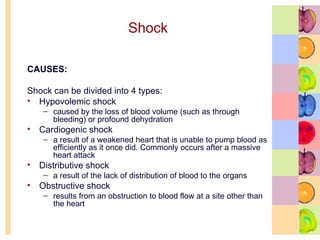 Shock
CAUSES:
Shock can be divided into 4 types:
• Hypovolemic shock
– caused by the loss of blood volume (such as through
bleeding) or profound dehydration
• Cardiogenic shock
– a result of a weakened heart that is unable to pump blood as
efficiently as it once did. Commonly occurs after a massive
heart attack
• Distributive shock
– a result of the lack of distribution of blood to the organs
• Obstructive shock
– results from an obstruction to blood flow at a site other than
the heart
 