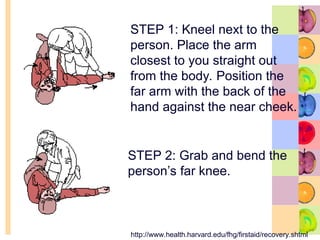 STEP 1: Kneel next to the
person. Place the arm
closest to you straight out
from the body. Position the
far arm with the back of the
hand against the near cheek.
STEP 2: Grab and bend the
person’s far knee.
http://www.health.harvard.edu/fhg/firstaid/recovery.shtml
 