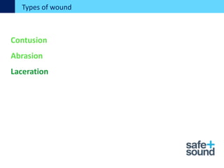 Types of wound
Contusion
Abrasion
Laceration
 