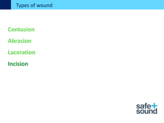 Types of wound
Contusion
Abrasion
Laceration
Incision
 