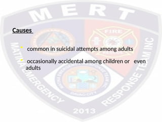 Causes
• common in suicidal attempts among adults
• occasionally accidental among children or even
adults
 