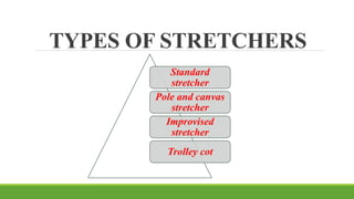 TYPES OF STRETCHERS
Standard
stretcher
Pole and canvas
stretcher
Improvised
stretcher
Trolley cot
 