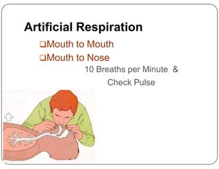 Artificial Respiration
Mouth to Mouth
Mouth to Nose
10 Breaths per Minute &
Check Pulse
Check Pulse
 