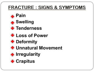 Pain
Swelling
Tenderness
Loss of Power
Loss of Power
Deformity
Unnatural Movement
Irregularity
Crapitus
 