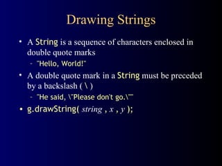 Drawing Strings A  String  is a sequence of characters enclosed in double quote marks "Hello, World!" A double quote mark in a  String  must be preceded by a backslash (  \  ) "He said, \"Please don't go.\"" g.drawString(  string   ,   x   ,   y   ); 