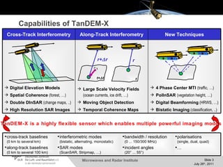 Capabilities of TanDEM-X VU   > Alberto Moreira TanDEM-X is a highly flexible sensor which enables multiple powerful imaging modes r+  r r t+  t t Cross-Track Interferometry Along-Track Interferometry New Techniques Digital Elevation Models Spatial Coherence  (forest, …) Double DInSAR  (change maps, ..) High Resolution SAR Images Large Scale Velocity Fields  (ocean currents, ice drift, …) Moving Object Detection Temporal Coherence Maps 4 Phase Center MTI  (traffic, …)   PolInSAR  (vegetation height, …) Digital Beamforming   (HRWS, …) Bistatic Imaging   (classification, ..) cross-track baselines (0 km to several km) along-track baselines (0 km to several 100 km)  interferometric modes  (bistatic, alternating, monostatic) SAR modes (ScanSAR, Stripmap, …) bandwidth / resolution (0 ... 150/300 MHz)  incident angles (20° ... 55°) polarisations (single, dual, quad) …  