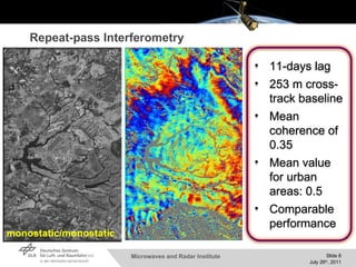 Repeat-pass Interferometry monostatic/monostatic 11-days lag 253 m cross-track baseline Mean coherence of 0.35 Mean value for urban areas: 0.5 Comparable performance 