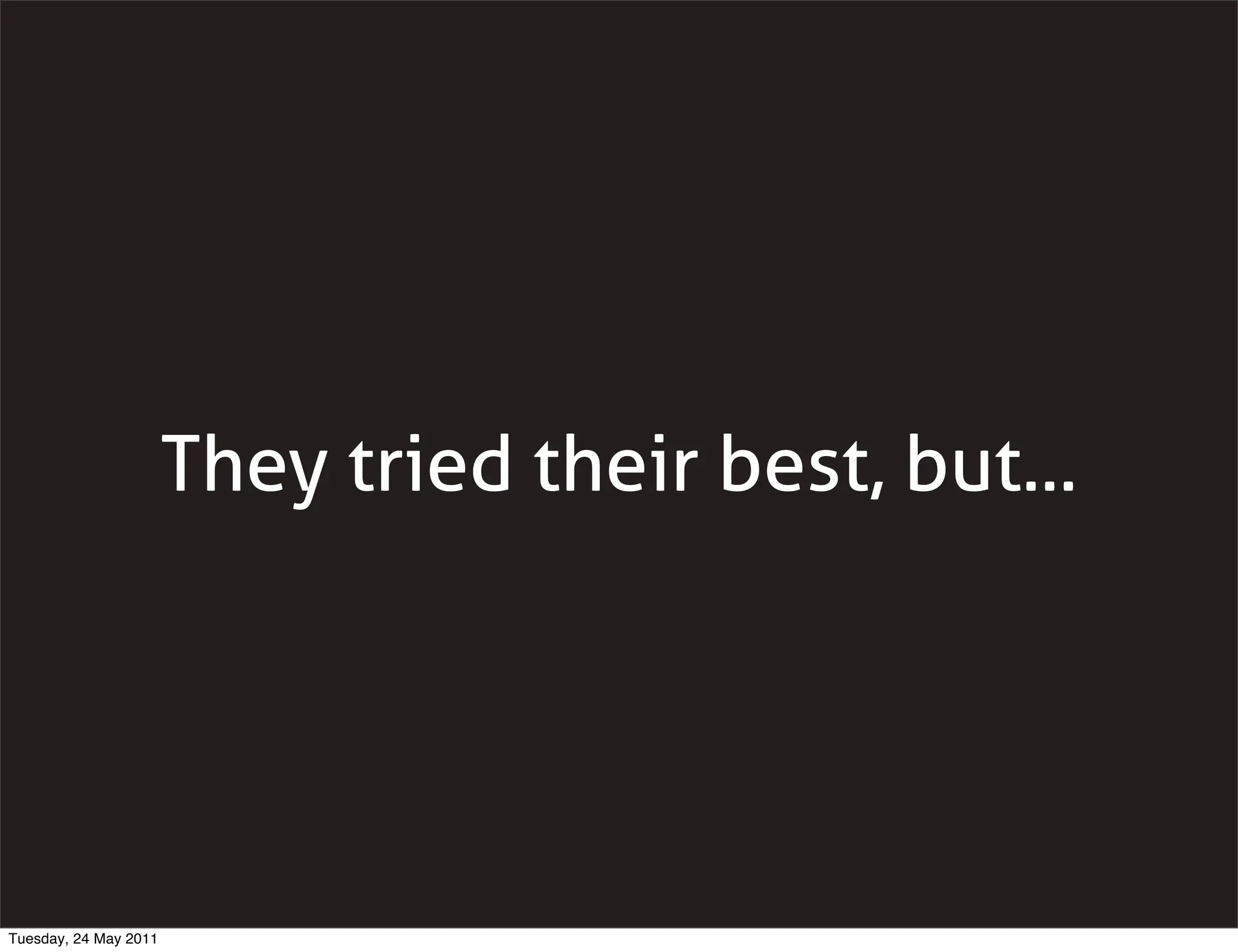 They tried their best, but...




Tuesday, 24 May 2011
 