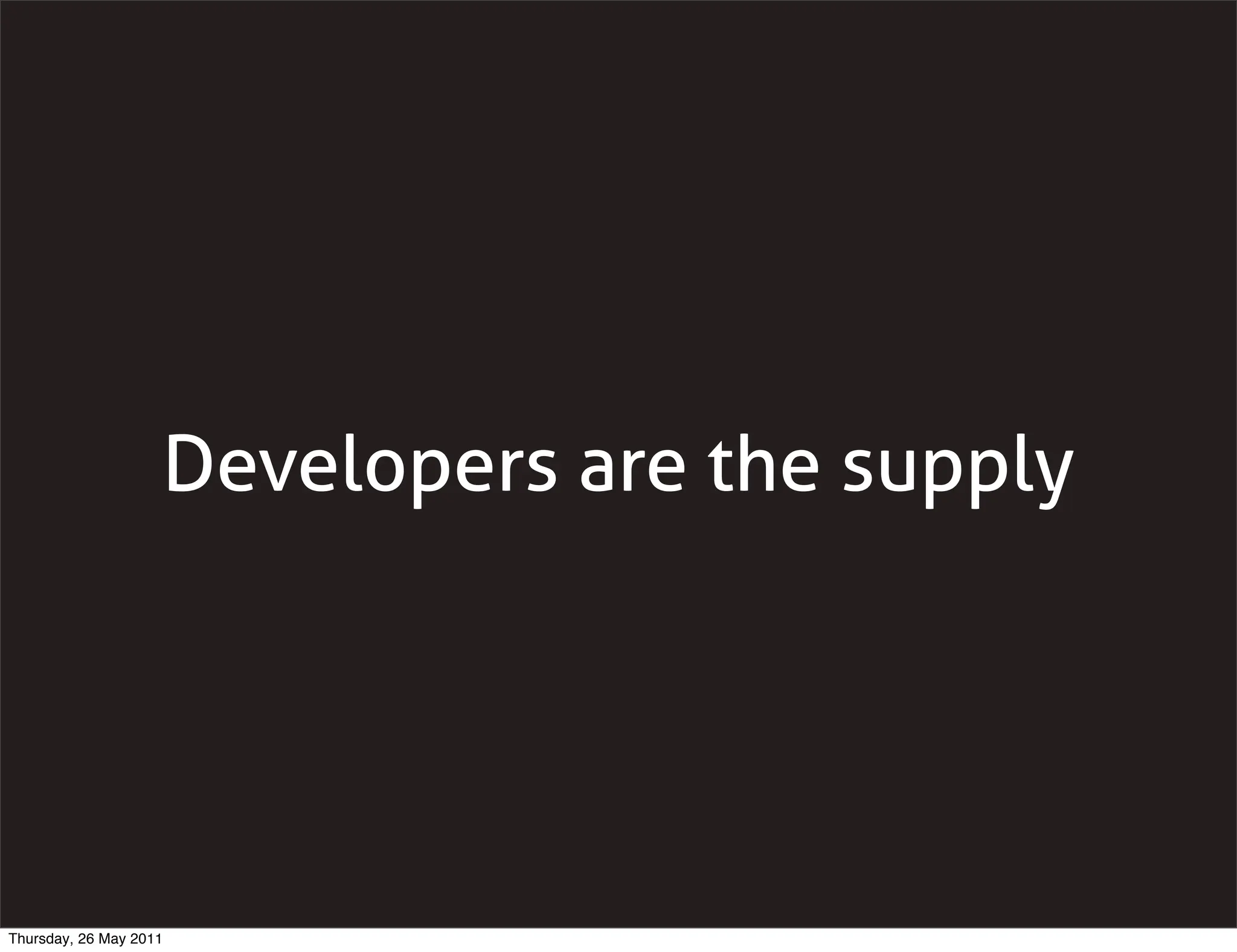 Developers are the supply




Thursday, 26 May 2011
 