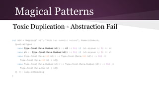 Magical Patterns
Toxic Duplication - Abstraction Fail
val Add = Mapping(
"(+)", "Adds two numeric values" NumericDomain,
,
(partialTyper {
case Type.Const(Data.Number(v1)) :: v2 :: Nil if (v1.signum == 0) => v2
case v1 :: Type.Const(Data.Number(v2)) :: Nil if (v2.signum == 0) => v1
case Type.Const(Data.
Int(v1)) :: Type.Const(Data.
Int(v2)) :: Nil =>
Type.Const(Data.
Int(v1 + v2))
case Type.Const(Data.Number(v1)) :: Type.Const(Data.Number(v2)) ::
Nil =>
Type.Const(Data.Dec(v1 + v2))
}) ||| numericWidening
)

 