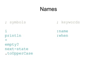 Names

; symbols          ; keywords

i                  :name
println            :when
+
empty?
next-state
.toUpperCase
 