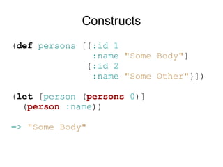 Constructs
(def persons [{:id 1
               :name "Some Body"}
              {:id 2
               :name "Some Other"}])

(let [person (persons 0)]
  (person :name))

=> "Some Body"
 