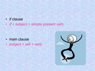 if  clause if  + subject + simple present verb main clause subject +  will  + verb 