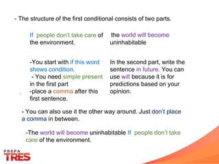 - The structure of the first conditional consists of two parts.
,
If people don’t take care of
the environment,
the world will become
uninhabitable
-You start with if this word
shows condition.
- You need simple present
in the first part
-place a comma after this
first sentence.
In the second part, write the
sentence in future. You can
use will because it is for
predictions based on your
opinion.
- You can also use it the other way around. Just don’t place
a comma in between.
-The world will become uninhabitable If people don’t take
care of the environment.
 
