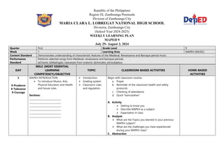 Weekly learning plan by grade 9 curriculum | DOCX