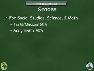 Grades For Social Studies, Science, & Math Tests/Quizzes 60% Assignments 40% 