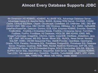 Almost Every Database Supports JDBC 4th Dimension (4D RDBMS), ADABAS, ALLBASE SQL, Advantage Database Server, Advantage Ingres 2.6, Apache Derby, BASIS, Birdstep RDM Server, CA-IDMS, CISAM, Cache, Centura SQLBase, Clipper, Cloudscape, CodeBase, D3, DABroker, DB2, DB2 IBM AS/400 UNIX, DB2 Linux, DB2 OS/390, DB2 Windows, DBMaker, DL/I, DMSII, DaffodilDB, DataFlex/PowerFlex, Datacom, Domino, ECB, EDA, Empress RDBMS, Enscribe, Essentia, FireBirdSQL , FirstSQL/J Embedded Mobile, FirstSQL/J Enterprise Server, FormWeb, FoxBase, FoxPro, FrontBase, H2 Database, HSQLDB, IBM AS/400, IDMS, IMS, Image/Turboimage, ImageSQL, Informix, Ingres, InstantDB, InterBase, JDataStore, Java DB, LDAP, MS Access, MS SQL Server, Mimer SQL, MySQL, News Server, Nonstop SQL/MP, ODBC, OS/390 Sequential Files, OleDB-Provider, OpenBase, OpenIngres, Oracle, PICK, Paradox, Pervasive.SQL, PointBase, PostgreSQL, Primebase SQL Database Server, Progress, Quadcap, RDB, RMS, Recital, Redbrick Warehouse, SAP DB, SAS, SESAM/SQL-Server, SOLID Embedded Engine, SOLID SynchroNet, SQL/DS, SQLLite, SUPRA Server SQL, SearchServer, Sequential, Solid Server, Sybase, Teradata RDBMS, Text (CSV, Tab separated etc.), ThinkSQL, TinySQL, TurboIMAGE, UNIFY, VFP, VSAM, XML, YARD-SQL, dBase, kdb, mSQL, xbase, xbase 