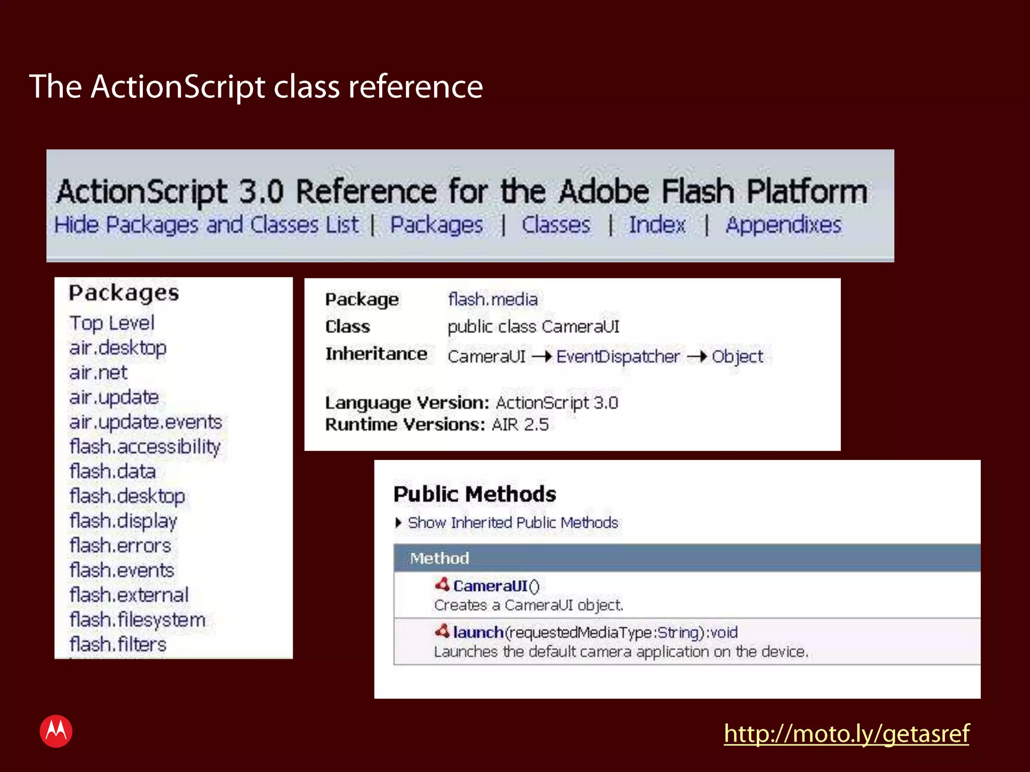 The ActionScript class referencehttp://moto.ly/getasref