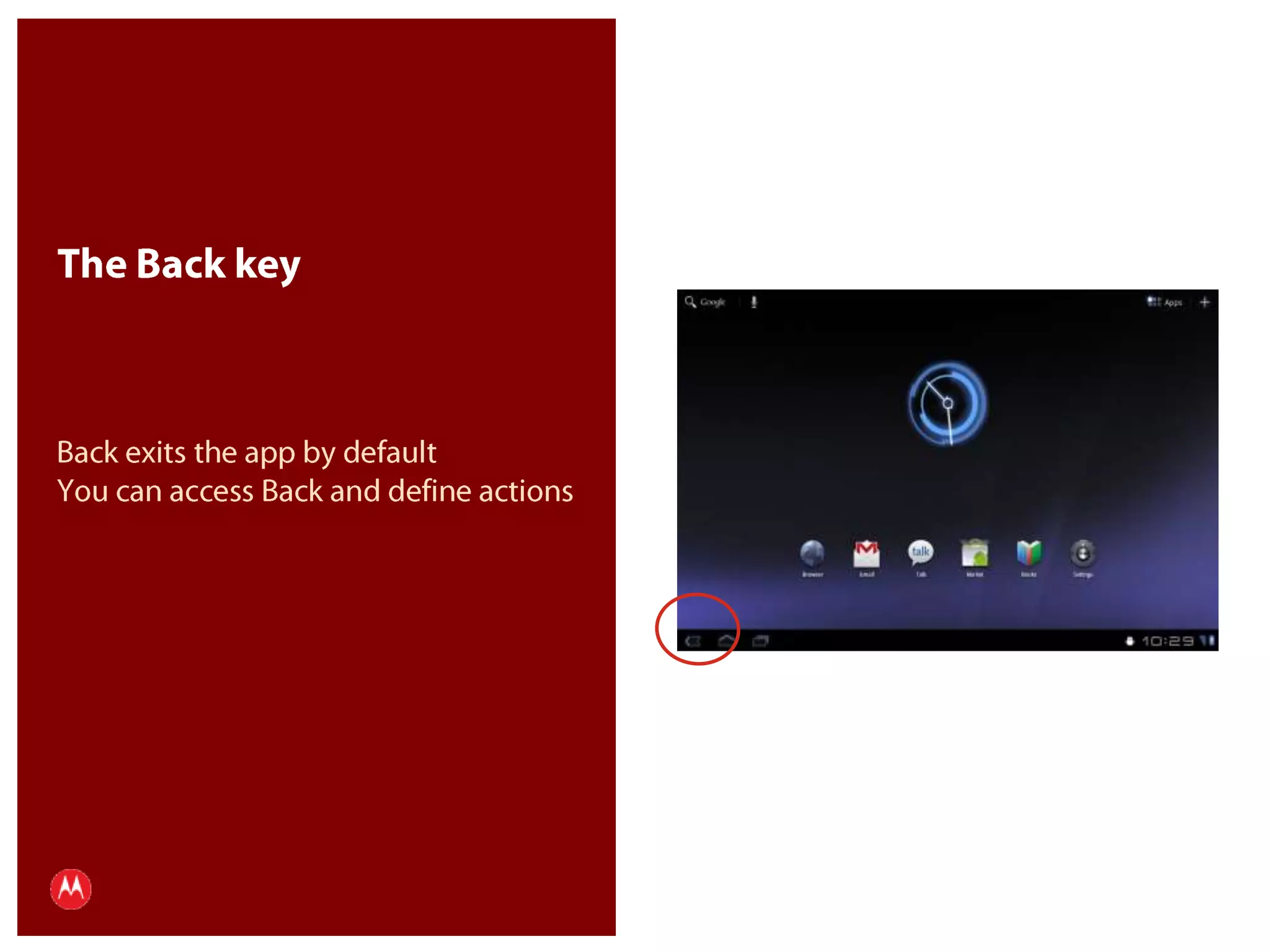 The Back keyBack exits the app by defaultYou can access Back and define actionsPresentation Title     Version 1.0      02.24.09