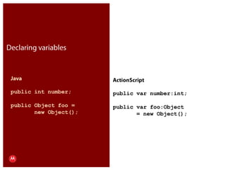 Declaring variablesJavapublic int number;public Object foo =        new Object();ActionScriptpublic var number:int;public var foo:Object        = new Object();Presentation Title     Version 1.0      02.24.09