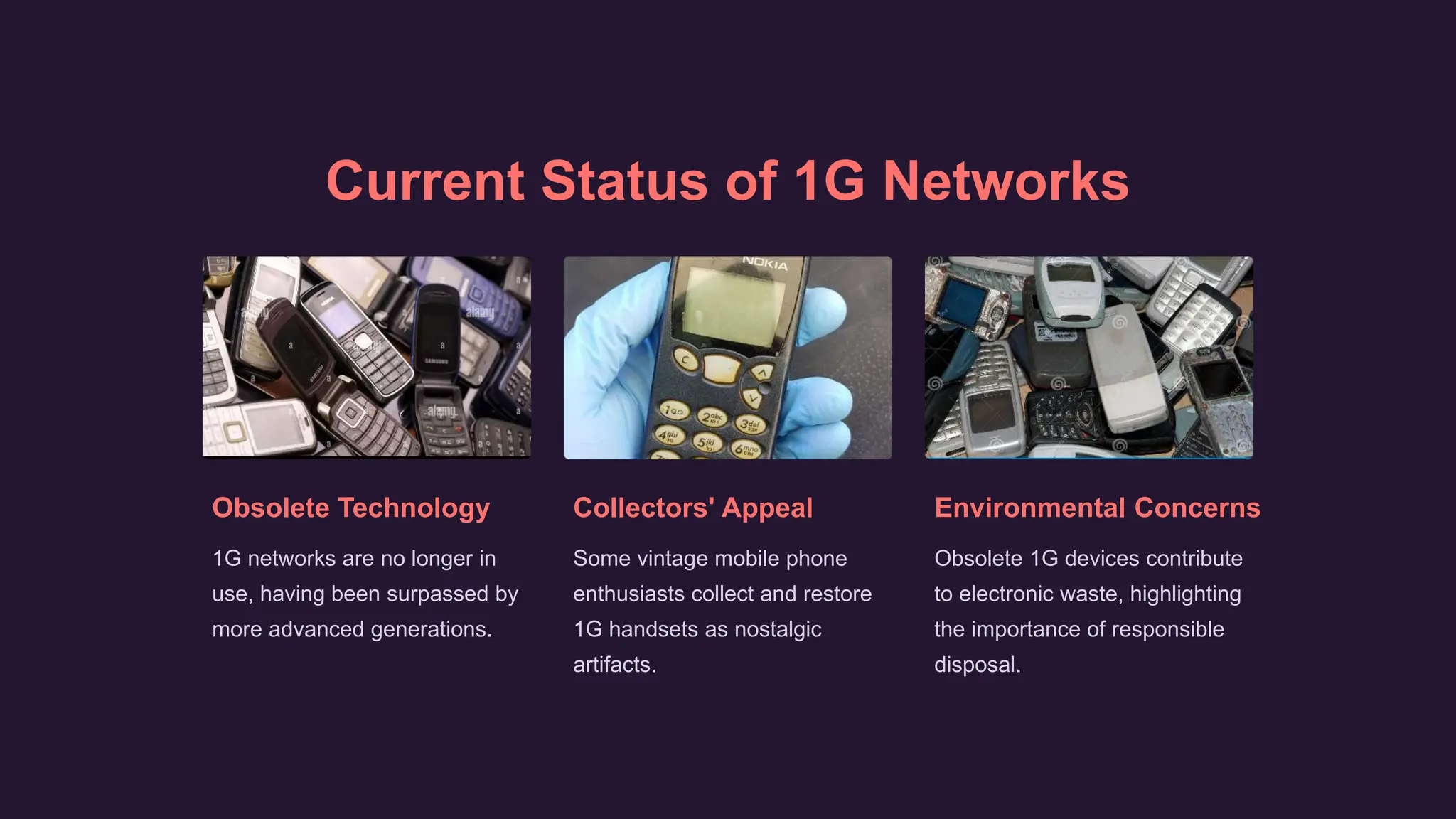 Current Status of 1G Networks
Obsolete Technology
1G networks are no longer in
use, having been surpassed by
more advanced generations.
Collectors' Appeal
Some vintage mobile phone
enthusiasts collect and restore
1G handsets as nostalgic
artifacts.
Environmental Concerns
Obsolete 1G devices contribute
to electronic waste, highlighting
the importance of responsible
disposal.
 