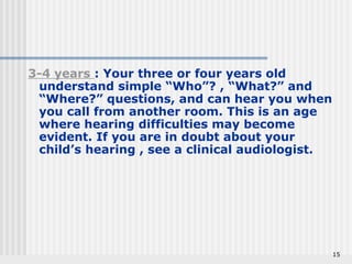 15 
3-4 years : Your three or four years old 
understand simple “Who”? , “What?” and 
“Where?” questions, and can hear you when 
you call from another room. This is an age 
where hearing difficulties may become 
evident. If you are in doubt about your 
child’s hearing , see a clinical audiologist. 
 