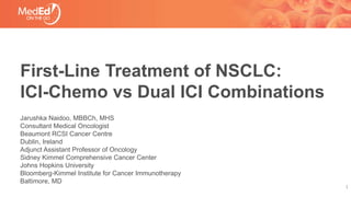 First-Line Treatment of NSCLC:
ICI-Chemo vs Dual ICI Combinations
Jarushka Naidoo, MBBCh, MHS
Consultant Medical Oncologist
Beaumont RCSI Cancer Centre
Dublin, Ireland
Adjunct Assistant Professor of Oncology
Sidney Kimmel Comprehensive Cancer Center
Johns Hopkins University
Bloomberg-Kimmel Institute for Cancer Immunotherapy
Baltimore, MD
1
 