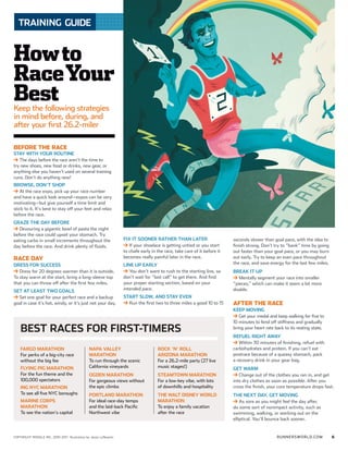 RUNNERSWORLD.COMCOPYRIGHT RODALE INC. 2010-2011 Illustration by Jesse Lefkowitz 6
TRAINING GUIDE
Howto
RaceYour
Best
BEFORE THE RACE
STAY WITH YOUR ROUTINE
The days before the race aren’t the time to
try new shoes, new food or drinks, new gear, or
anything else you haven’t used on several training
runs. Don’t do anything new!
BROWSE, DON’T SHOP
At the race expo, pick up your race number
and have a quick look around—expos can be very
motivating—but give yourself a time limit and
stick to it. It’s best to stay off your feet and relax
before the race.
GRAZE THE DAY BEFORE
Devouring a gigantic bowl of pasta the night
before the race could upset your stomach. Try
eating carbs in small increments throughout the
day before the race. And drink plenty of fluids.
RACE DAY
DRESS FOR SUCCESS
Dress for 20 degrees warmer than it is outside.
To stay warm at the start, bring a long-sleeve top
that you can throw off after the first few miles.
SET AT LEAST TWO GOALS
Set one goal for your perfect race and a backup
goal in case it’s hot, windy, or it’s just not your day.
FIX IT SOONER RATHER THAN LATER
If your shoelace is getting untied or you start
to chafe early in the race, take care of it before it
becomes really painful later in the race.
LINE UP EARLY
You don’t want to rush to the starting line, so
don’t wait for “last call” to get there. And find
your proper starting section, based on your
intended pace.
START SLOW, AND STAY EVEN
Run the first two to three miles a good 10 to 15
Keep the following strategies
in mind before, during, and
after your first 26.2-miler
seconds slower than goal pace, with the idea to
finish strong. Don’t try to “bank” time by going
out faster than your goal pace, or you may burn
out early. Try to keep an even pace throughout
the race, and save energy for the last few miles.
BREAK IT UP
Mentally segment your race into smaller
“pieces,” which can make it seem a lot more
doable.
AFTER THE RACE
KEEP MOVING
Get your medal and keep walking for five to
10 minutes to fend off stiffness and gradually
bring your heart rate back to its resting state.
REFUEL RIGHT AWAY
Within 30 minutes of finishing, refuel with
carbohydrates and protein. If you can’t eat
postrace because of a queasy stomach, pack
a recovery drink in your gear bag.
GET WARM
Change out of the clothes you ran in, and get
into dry clothes as soon as possible. After you
cross the finish, your core temperature drops fast.
THE NEXT DAY, GET MOVING
As sore as you might feel the day after,
do some sort of nonimpact activity, such as
swimming, walking, or working out on the
elliptical. You’ll bounce back sooner.
BEST RACES FOR FIRST-TIMERS
FARGO MARATHON
For perks of a big-city race
without the big fee 
FLYING PIG MARATHON
For the fun theme and the
100,000 spectators
ING NYC MARATHON
To see all five NYC boroughs
MARINE CORPS
MARATHON
To see the nation’s capital 
NAPA VALLEY
MARATHON
To run through the scenic
California vineyards 
OGDEN MARATHON
For gorgeous views without
the epic climbs 
PORTLAND MARATHON
For ideal race-day temps
and the laid-back Pacific
Northwest vibe
ROCK ‘N’ ROLL
ARIZONA MARATHON
For a 26.2-mile party (27 live
music stages!) 
STEAMTOWN MARATHON
For a low-key vibe, with lots
of downhills and hospitality
THE WALT DISNEY WORLD
MARATHON
To enjoy a family vacation
after the race
 