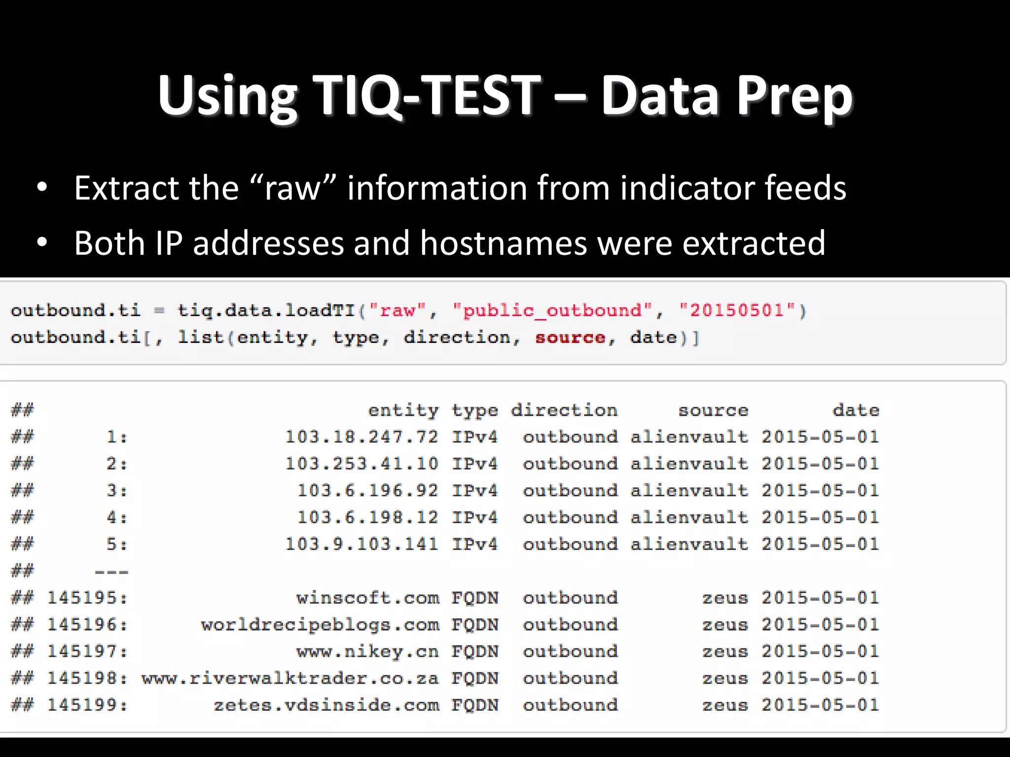 Using TIQ-TEST – Data Prep
• Extract the “raw” information from indicator feeds
• Both IP addresses and hostnames were extracted
 