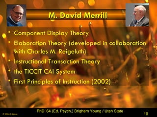 M. David Merrill Component Display Theory Elaboration Theory (developed in collaboration with Charles M. Reigeluth) Instructional Transaction Theory the TICCIT CAI System First Principles of Instruction (2002) PhD ’64 (Ed. Psych.) Brigham Young / Utah State 