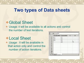 Two types of Data sheets Global Sheet Usage: it will be available to all actions and control the number of test iterations. Local Sheet Usage : it will be available in  that action only and control the  number of action iterations. 