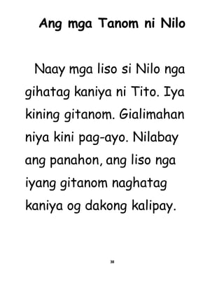 Ang mga Tanom ni Nilo
Naay mga liso si Nilo nga
gihatag kaniya ni Tito. Iya
kining gitanom. Gialimahan
niya kini pag-ayo. Nilabay
ang panahon, ang liso nga
iyang gitanom naghatag
kaniya og dakong kalipay.
38
 