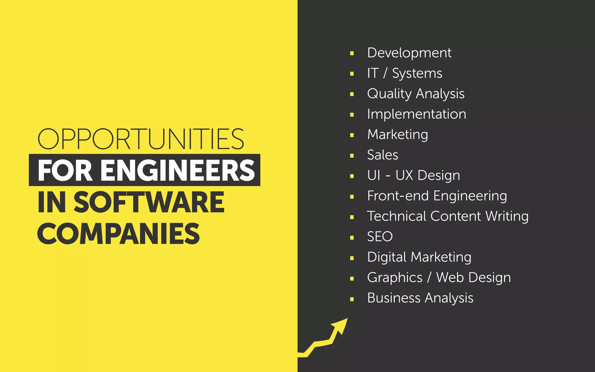 Development
IT / Systems
Quality Analysis
Implementation
Marketing
Sales
UI - UX Design
Front-end Engineering
Technical Content Writing
SEO
Digital Marketing
Graphics / Web Design
Business Analysis
OPPORTUNITIES
FOR ENGINEERS
IN SOFTWARE
COMPANIES
 