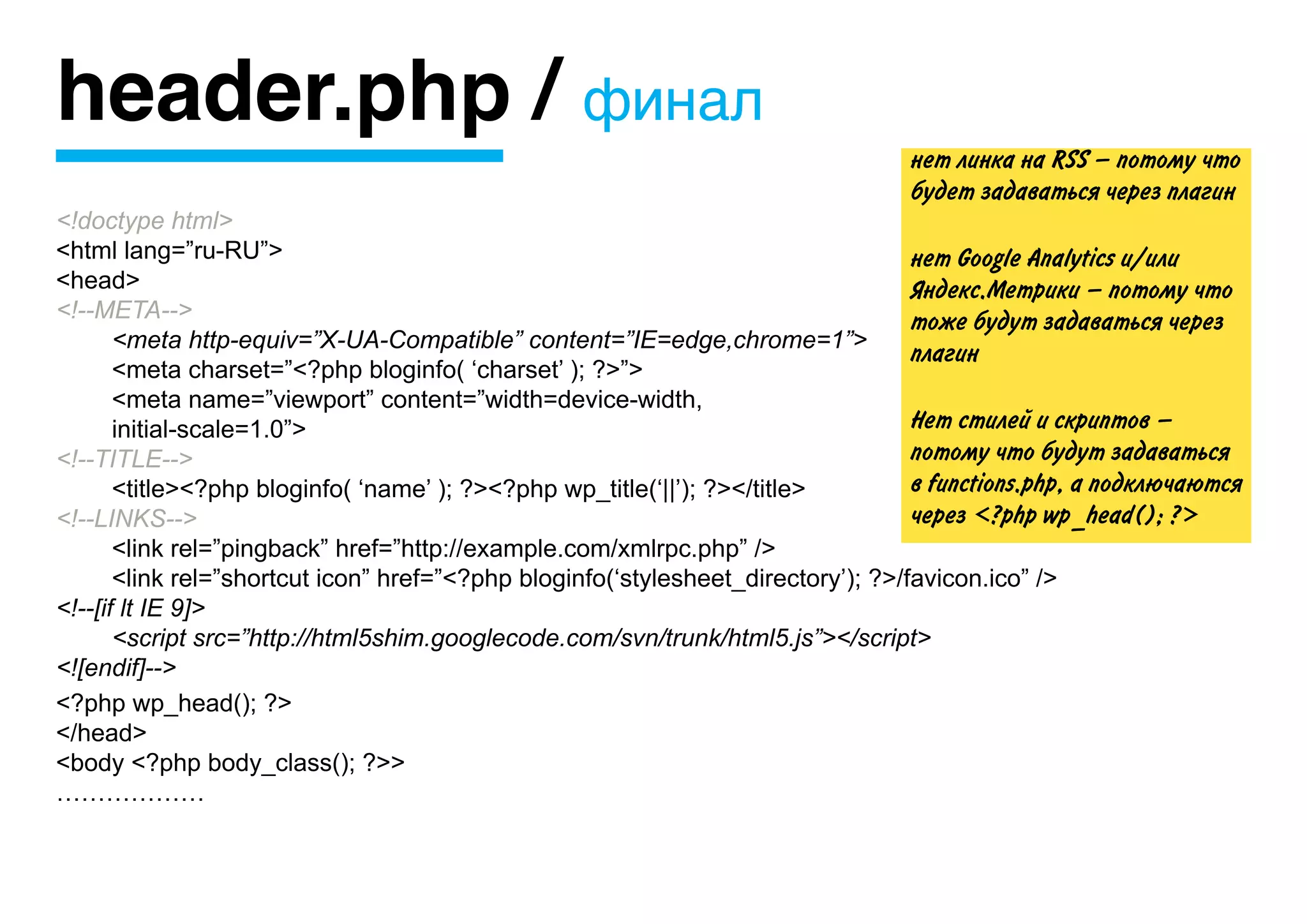 header.php / финал
                                                                                  нет линка на RSS — потому что
                                                                                  будет задаваться через плагин
<!doctype html>
<html lang=”ru-RU”>                                                                нет Google Analytics и/или
<head>                                                                             Яндекс.Метрики — потому что
<!--META-->                                                                        тоже будут задаваться через
	      <meta http-equiv=”X-UA-Compatible” content=”IE=edge,chrome=1”>
                                                                                   плагин
	      <meta charset=”<?php bloginfo( ‘charset’ ); ?>”>
	      <meta name=”viewport” content=”width=device-width,
	      initial-scale=1.0”>                                                         Нет стилей и скриптов —
<!--TITLE-->                                                                       потому что будут задаваться
	      <title><?php bloginfo( ‘name’ ); ?><?php wp_title(‘||’); ?></title>         в functions.php, а подключаются
<!--LINKS-->                                                                       через <?php wp_head(); ?>
	      <link rel=”pingback” href=”http://example.com/xmlrpc.php” />
	      <link rel=”shortcut icon” href=”<?php bloginfo(‘stylesheet_directory’); ?>/favicon.ico” />
<!--[if lt IE 9]>
	      <script src=”http://html5shim.googlecode.com/svn/trunk/html5.js”></script>
<![endif]-->
<?php wp_head(); ?>
</head>
<body <?php body_class(); ?>>
………………
 