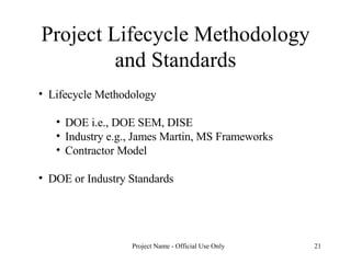 Project Lifecycle Methodology and Standards Lifecycle Methodology DOE i.e., DOE SEM, DISE Industry e.g., James Martin, MS Frameworks Contractor Model DOE or Industry Standards 