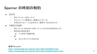 Spanner の時刻の制約 
● DATE 
○ 0001-01-01～9999-12-31  
○ タイムゾーンに関係なく、論理カレンダー日  
○ 本来はタイムゾーンと合わせて、解釈すべきものだけど…  
● TIMESTAMP 
○ 0001-01-01 00:00:00～9999-12-31 23:59:59.999999999 UTC.  
○ 絶対的な時刻を表す  
■ ナノ秒まで記載可能  
○ 例 
■ 2014-09-27T12:30:00.45Z  
参考ドキュメント 
https://cloud.google.com/spanner/docs/data-types#date-type  
https://cloud.google.com/spanner/docs/data-types#timestamp-type  
 
18
 