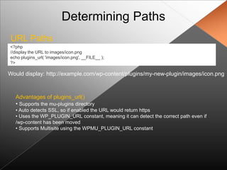 Determining Paths
URL Paths
<?php
//display the URL to images/icon.png
echo plugins_url( 'images/icon.png', __FILE__ );
?>

Would display: http://example.com/wp-content/plugins/my-new-plugin/images/icon.png



  Advantages of plugins_url()
  • Supports the mu-plugins directory
  • Auto detects SSL, so if enabled the URL would return https
  • Uses the WP_PLUGIN_URL constant, meaning it can detect the correct path even if
  /wp-content has been moved
  • Supports Multisite using the WPMU_PLUGIN_URL constant
 